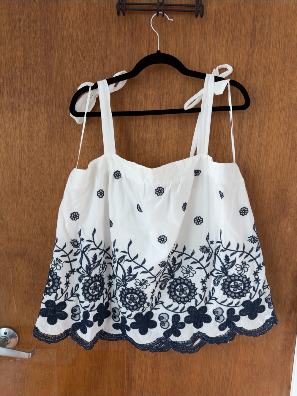 Draper James White & Navy Embroidered Tie-Strap Tank Top